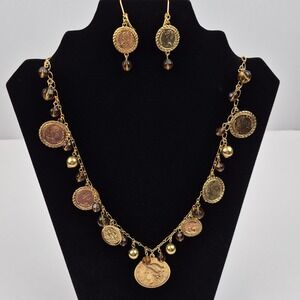 Queen Elizabeth Coin Replica Belt Necklace Earring Set Gold 36" Liberty Head Vtg